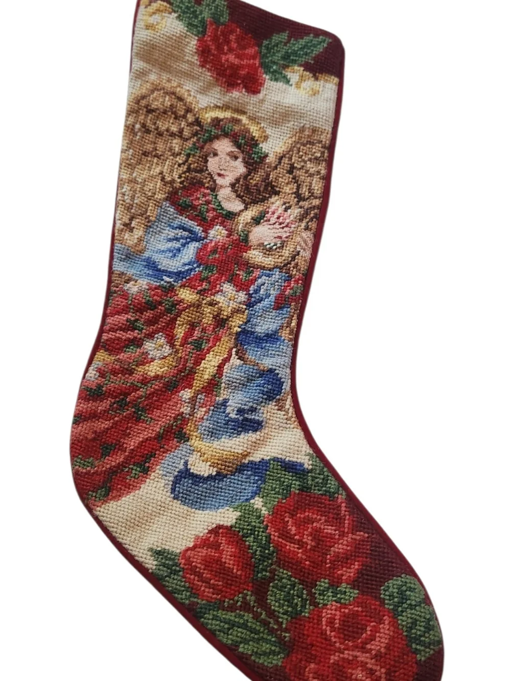 Vintage Wool Handcrafted Red Angel Needlepoint Christmas Stocking